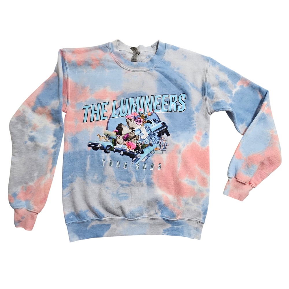Gildan The Lumineers Sweatshirt Small Pink Blue Tie-Dye 2023 Tour Graphic Fleece